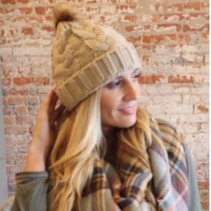 NWT Khaki Colored Cable Knit Beanie W/ Faux Fur Pom